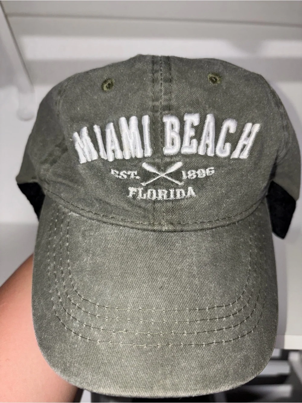 Mudd Miami Beach Olive Green Baseball Cap with White Embroidery